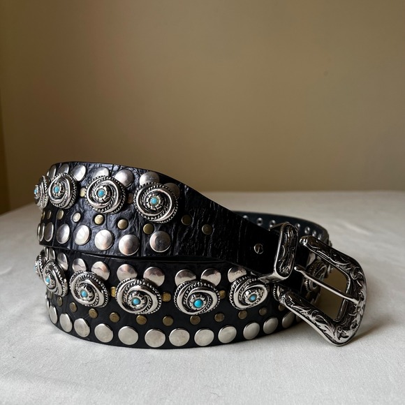 Vintage Nanni Italy Turquoise Concho Studded Leather Belt Black‎ Silver 95/38 - Picture 12 of 13